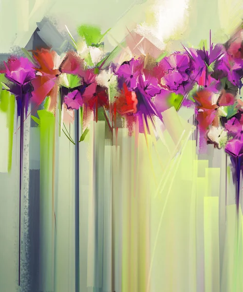Abstrakcyjne malarstwo kwiatowy kolor oleju. Ręcznie malowane kwiaty fioletowe i czerwone w kolorach. Styl vintage obrazy kwiat — Zdjęcie stockowe