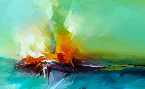Abstract kleurrijk schilderij op doek textuur. Semi-abstracte beeld van landschap schilderijen achtergrond. — Stockfoto