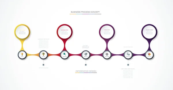 Plantilla de diseño de línea de tiempo de infografías vectoriales con etiqueta de papel 3D, fondo de círculos integrados — Vector de stock