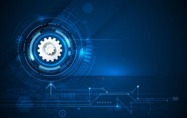 Rueda de engranajes de ilustración vectorial, hexágonos y placa de circuito, tecnología e ingeniería digital de alta tecnología, concepto de tecnología de telecomunicaciones digitales . — Archivo Imágenes Vectoriales