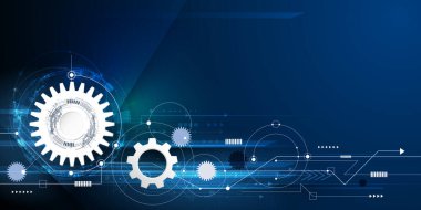 Vektör illüstrasyon donanımı, tekerlek ve devre kartı, yüksek teknoloji dijital teknoloji ve mühendislik, modern dijital telekom teknolojisi konsepti. Açık mavi arkaplanda soyut gelecek