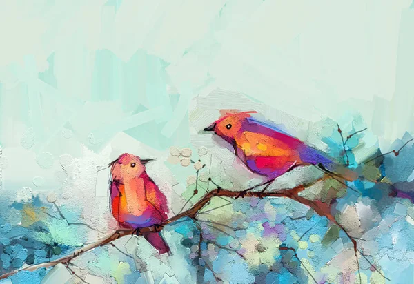 Olio Colorato Astratto Pittura Acrilica Uccelli Fiori Primaverili Pitture Arte — Foto Stock