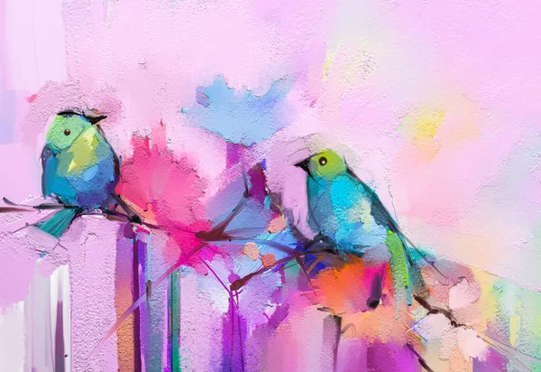 Abstract colorful oil, acrylic painting of bird and spring flower. Modern art paintings brush stroke on canvas. Illustration oil painting, animal and floral for background.