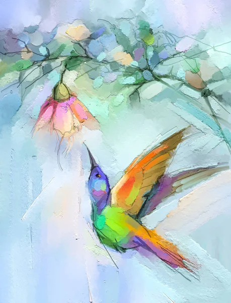 Abstracto Óleo Colorido Pintura Acrílica Pájaro Colibrí Flor Primavera Pinturas —  Fotos de Stock