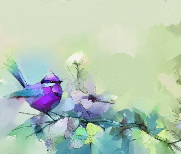 Abstract colorful oil, acrylic painting of bird and spring flower. Modern art paintings brush stroke on canvas. Illustration oil painting, animal and floral for background.