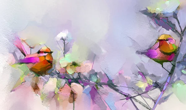 Abstraktes Buntes Acrylmalerei Von Vogel Und Frühlingsblume Gemälde Der Modernen — Stockfoto