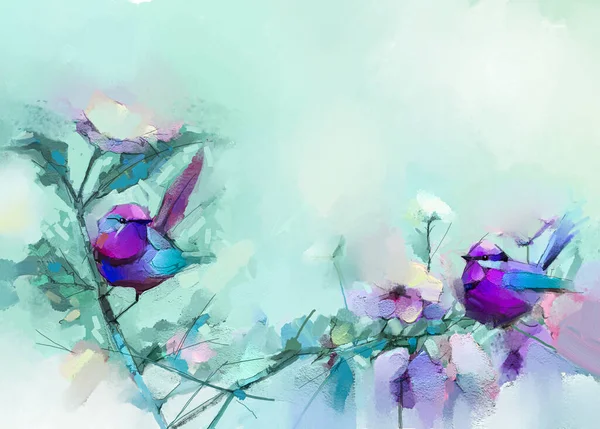 Abstract colorful oil, acrylic painting of bird and spring flower. Modern art paintings brush stroke on canvas. Illustration oil painting, animal and floral for background.