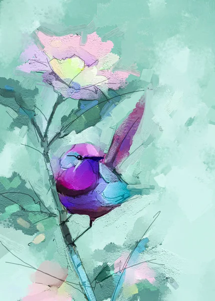 Olio Colorato Astratto Pittura Acrilica Uccelli Fiori Primaverili Pitture Arte — Foto Stock
