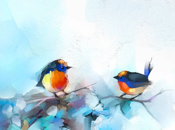 摘要色彩艳丽的油画 丙烯酸的鸟画 现代艺术绘画在画布上画笔 画图油画 动物和花卉为背景 — 图库照片