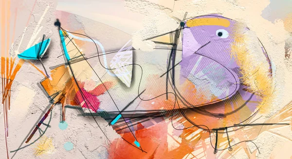 Abstracto Colorido Óleo Fantasía Pintura Acrílica Pintura Semiabstracta Flor Pájaro — Foto de Stock