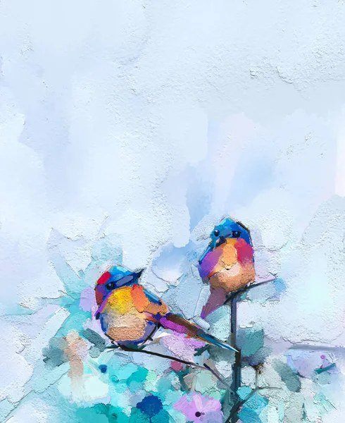 Abstract colorful oil, acrylic painting of bird and spring flower. Modern art paintings brush stroke on canvas. Illustration oil painting, animal and floral for background.