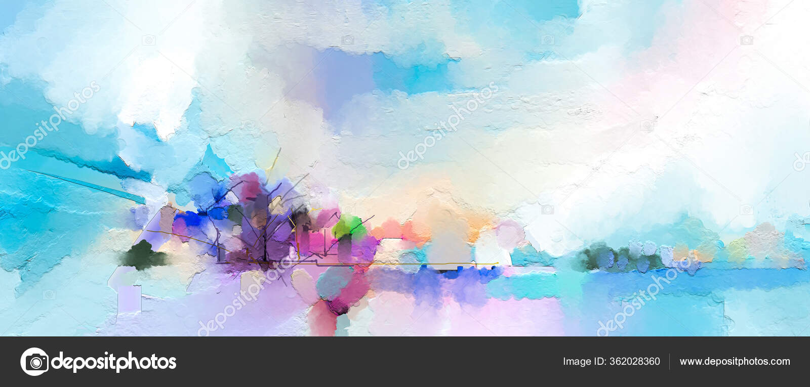 摘要油画风景画五彩斑斓的蓝紫色天空油画在帆布上的户外半抽象树抽象