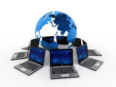 Beyaz arkaplanda 3d görüntüleme Bilgisayar ağı, Globe 'lu bilgisayar ağı, İnternet İletişim arkaplanı