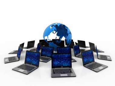 Beyaz arkaplanda 3d görüntüleme Bilgisayar ağı, Globe 'lu bilgisayar ağı, İnternet İletişim arkaplanı