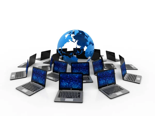 Rendering Computernetzwerk Auf Weißem Hintergrund Computernetzwerk Mit Globus Internet Kommunikationshintergrund — Stockfoto