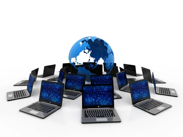 Rendering Computer Netwerk Witte Achtergrond Computer Netwerk Met Globe Internet — Stockfoto