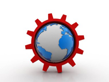 Dünya beyaz arkaplanda izole edilmiş 3B dişli mekanizması