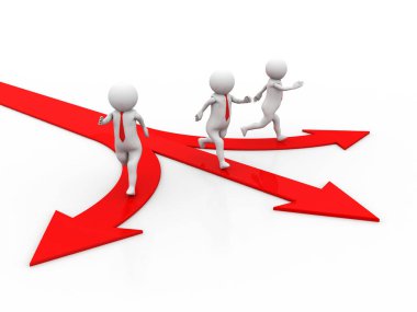 Üç boyutlu insanlar farklı yönlerden ok atıyorlar. Seçim konsepti. 3d resimleme