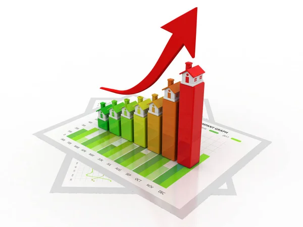 Haus Und Pfeildiagramm Auf Weißem Hintergrund Wachstum Bei Immobilien Immobilienkonzept — Stockfoto
