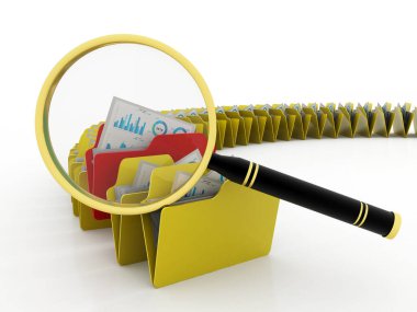 dizinler 3d simgesini arıyor - büyüteç altındaki dizinler beyaz üzerinde izole edildi