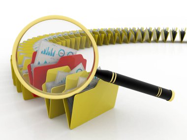 dizinler 3d simgesini arıyor - büyüteç altındaki dizinler beyaz üzerinde izole edildi