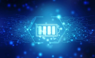 Dijital arkaplanda pil simgesi, pil tedarik kavramı arka planı, enerji verimliliği kavramı