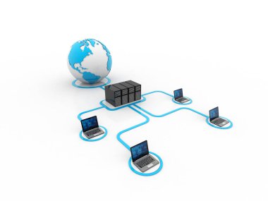 Beyaz arkaplandaki 3d görüntüleme Bilgisayar ağı, sunuculu bilgisayar ağı, İnternet İletişim arkaplanı