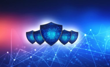 Güvenlik kavramı: dijital arkaplanda mavi kalkan, 3D görüntüleme