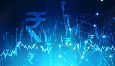 Hindistan borsasının büyümesi, borsa grafiği. Soyut finans geçmişi, borsa grafiği, finansal arka planda Hint Rupisi sembolü
