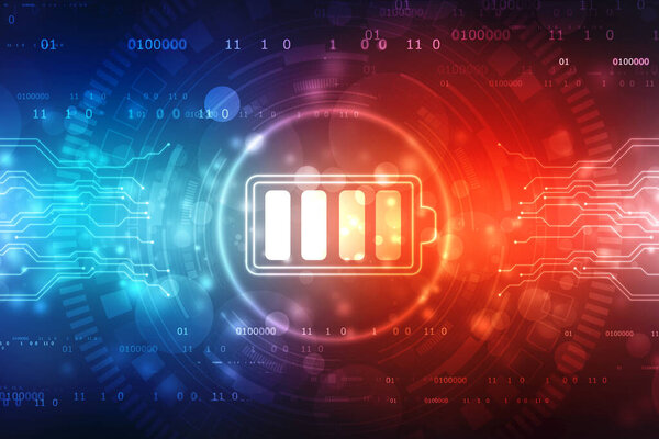 Значок батареи в цифровом фоне, концепция питания батареи фон, концепция энергоэффективности