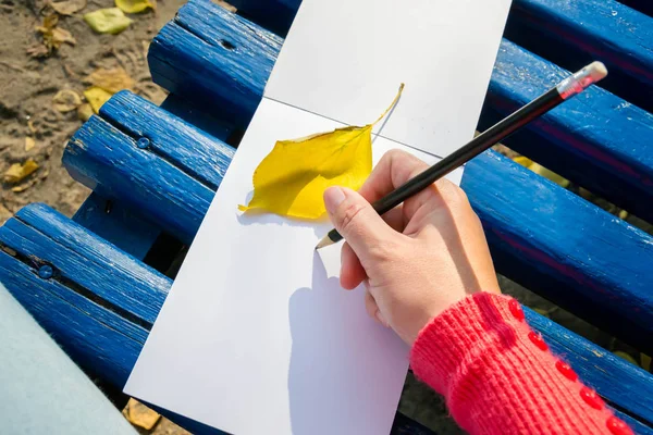 Um bloco de notas em branco para planejamento, resumindo. A mão segura o lápis. Ela vai desenhar ou manter um bloco de notas . — Fotografia de Stock