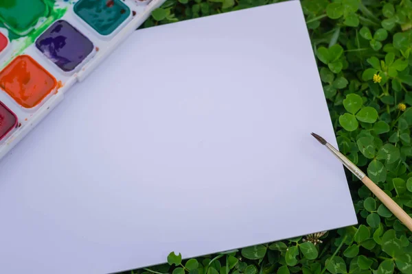 Uma Paleta Com Tintas Aquarela Multicoloridas Deitadas Grama Lado Pedaço — Fotografia de Stock