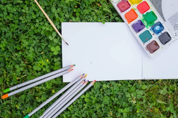 Çimlerin üzerinde çok renkli suluboya boyalar bulunan bir palet. Bir kağıt parçasının yanında, bir çizim albümü. Bir şeyler yazabileceğin bir yer var. Kağıtta farklı boya fırçaları var..