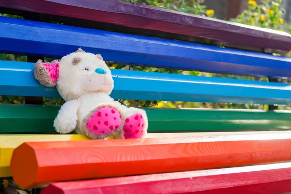 Parlak bir oyuncak ayı parkta bir bankta oturuyor. Ağaç sırası gökkuşağı gibi boyanmış. Homoseksüel aileler için bir hoşgörü sembolü. Gay bir ailede bir çocuk.