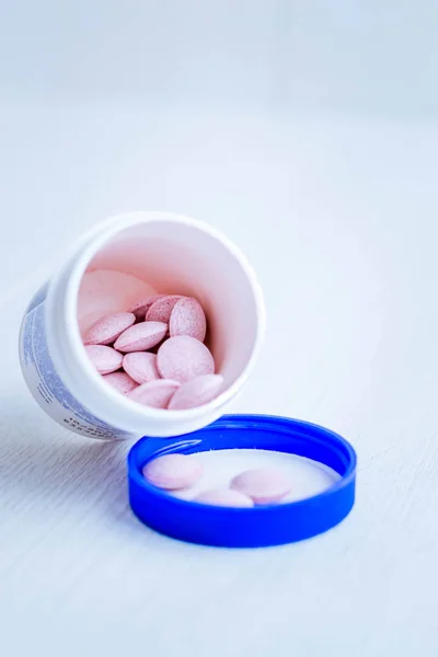 Pink Pills Spilled Out Box Treatment Depression Baby Vitamins Different — Stock Photo, Image