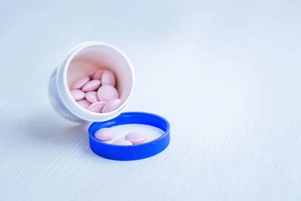 Pink Pills Spilled Out Box Treatment Depression Baby Vitamins Different — Stock Photo, Image