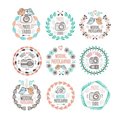 Fotoğraf stüdyosu ve fotoğrafçı logo tasarımı doodle tarzı düğün