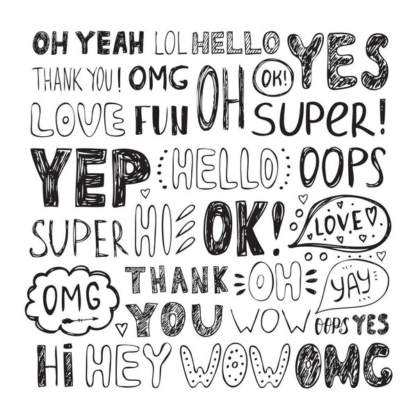 Hand drawn set with short phrases on white background