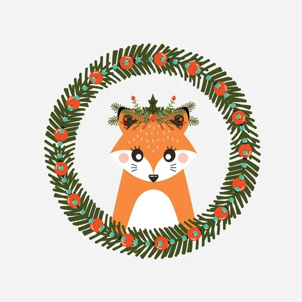 Avatar mignon renard avec une couronne de Noël — Image vectorielle