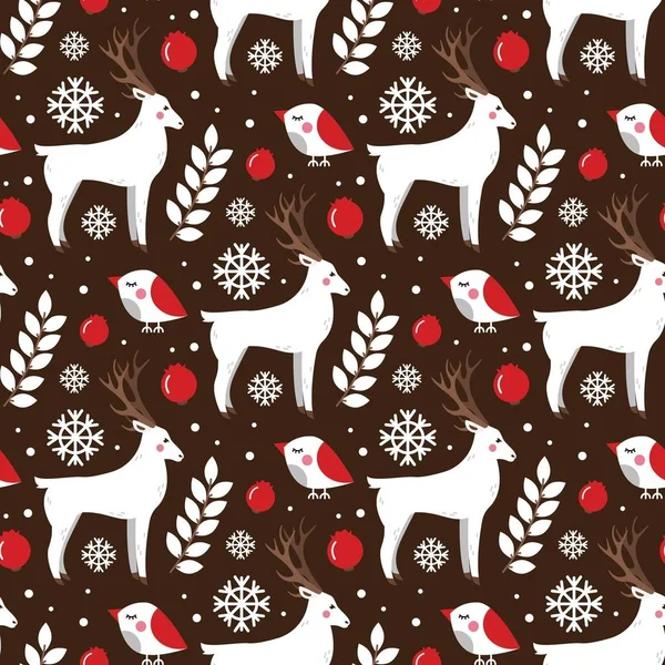 Vánoční vzor bezešvé s jeleny a ptáci — Stockový vektor