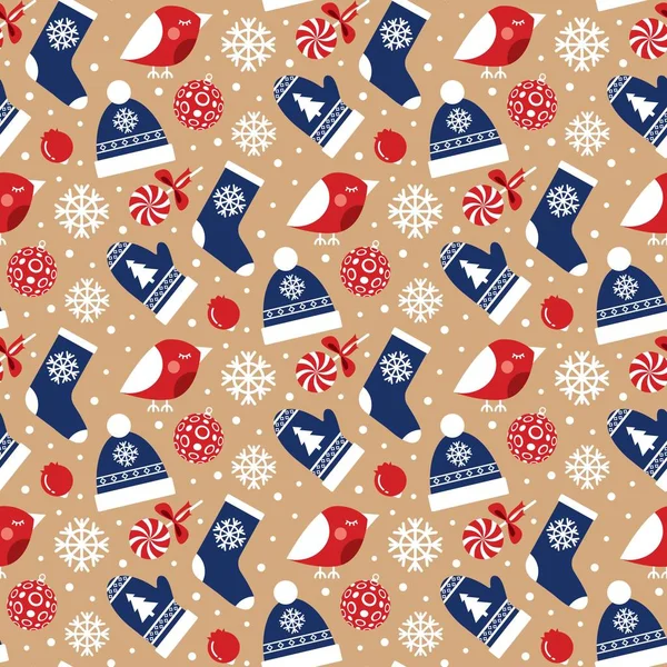 Patrón sin costuras de Navidad con pájaros y ropa de invierno — Archivo Imágenes Vectoriales