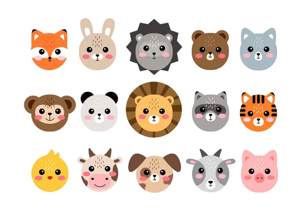 Cute animal faces. Hand drawn characters vector illustration — Stock Vector