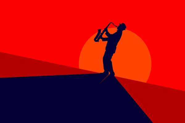 Silhouette of saxophonist on a red background — Stock Photo, Image