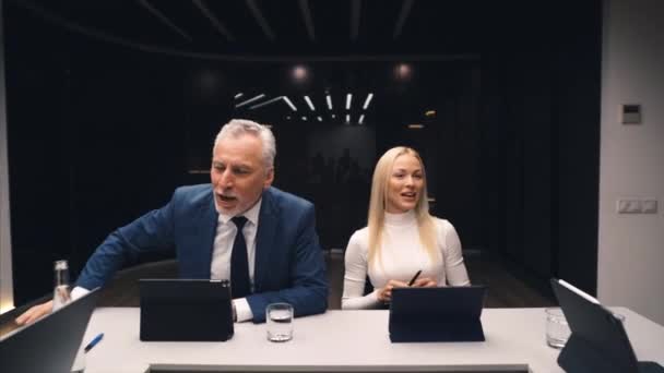 Happy Business People Sitting Table Discuss Emotionally — Stock Video