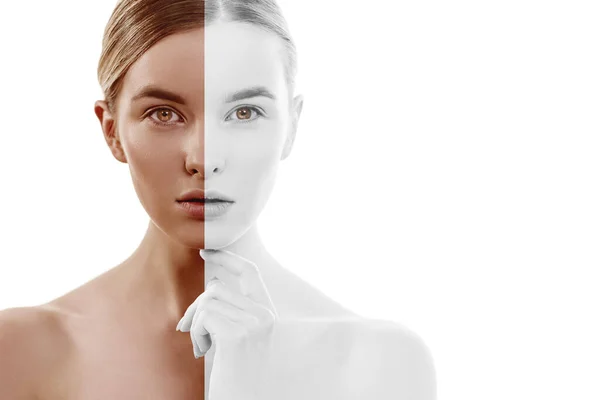 Konsept öncesi ve sonrası genç kadının yüzü.