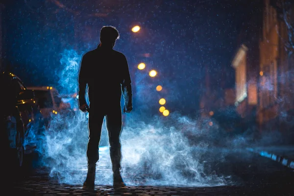 Man Smoke Cloud Smoke Evening Night Time Telephoto Lens Shot Stock Image