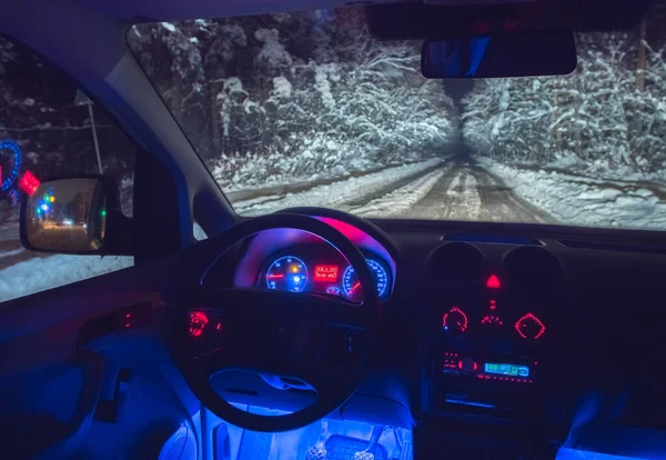 Het Interieur Van Auto Bosweg Avond Nacht Tijd — Stockfoto