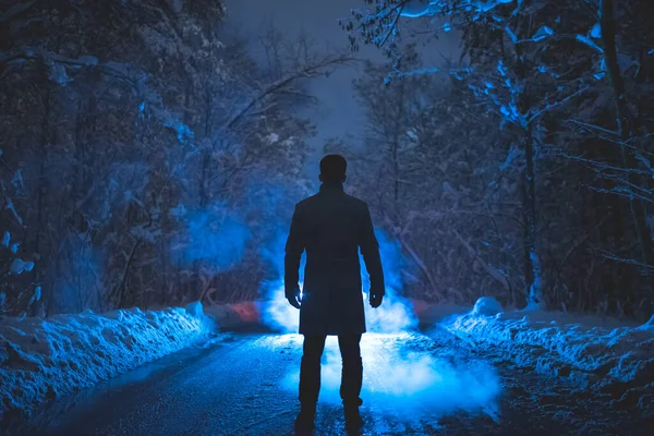 Man Stand Smoke Winter Forest Evening Night Time Stock Picture