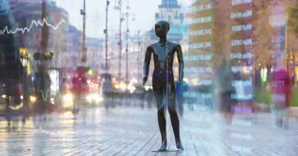 Figurína Stojící Hustém Proudu Holografickém Pozadí Časový Limit — Stock video
