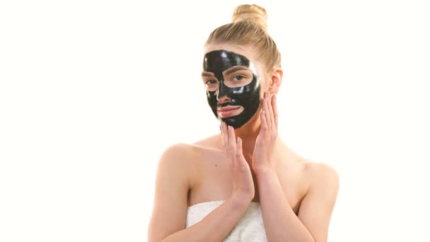 Happy Woman Black Mask Touching Face White Background — Stock Video